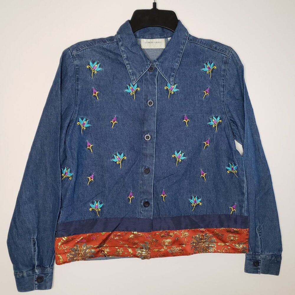 NWOT Vintage Lemon Grass Embroidered Denim Shirt Jacket 90s Women's PS Floral